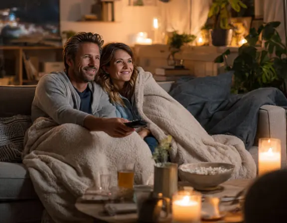 Couple in the USA watching a movie with an IPTV USA subscription